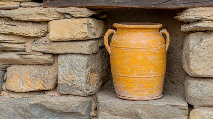 Aged terracotta pot nestled in stone wall alcove.  Possible use stock photography