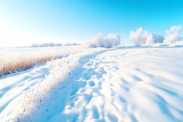 Snow-covered field path, frost-covered plants, clear blue sky, winter wonderland