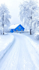 Naklejka premium Snowy path leads to a blue house nestled among snow-covered trees