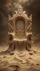 Ornate Sand Throne Against Dramatic Clouds in Desert Landscape