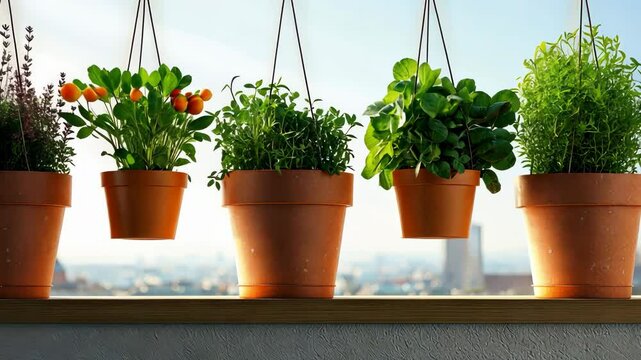Hanging plants in terracotta pots for vibrant balcony garden with herbs and city views.