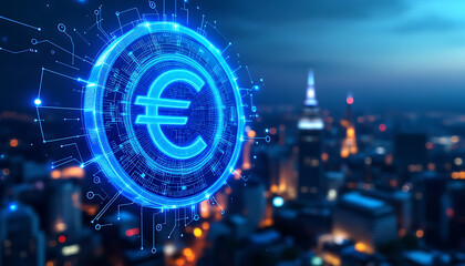 Fototapeta premium Euro Symbol with Digital Network Overlays and Blurry Cityscape Background