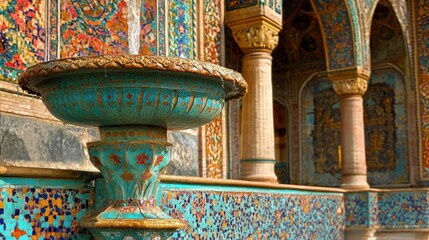 Ornate decorative fountain with intricate tile work in intricate architecture