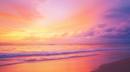 Obraz premium Tropical Beach Sunset with Silhouetted Palm Trees and Vibrant Pink Orange Sky - Serene Coastal Landscape for Relaxation and Travel Inspiration