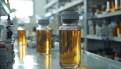 Glass Bottles With Liquid Sit On Laboratory Countertop Surface