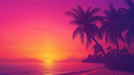 Tropical Beach Sunset with Silhouetted Palm Trees and Vibrant Pink Orange Sky - Serene Coastal Landscape for Relaxation and Travel Inspiration