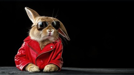 A confident rabbit wearing a red leather jacket and sunglasses poses against a dark background. The stylish and humorous concept blends fashion and animal portraiture, creating a unique and eye-catchi