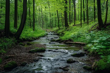 Obraz premium Serene Forest Stream Lush Green Nature Tranquil Peaceful Woodland Creek Calm Water Flowing River Rocks Mossy Banks Summer Day Sunlight Green Leaves 