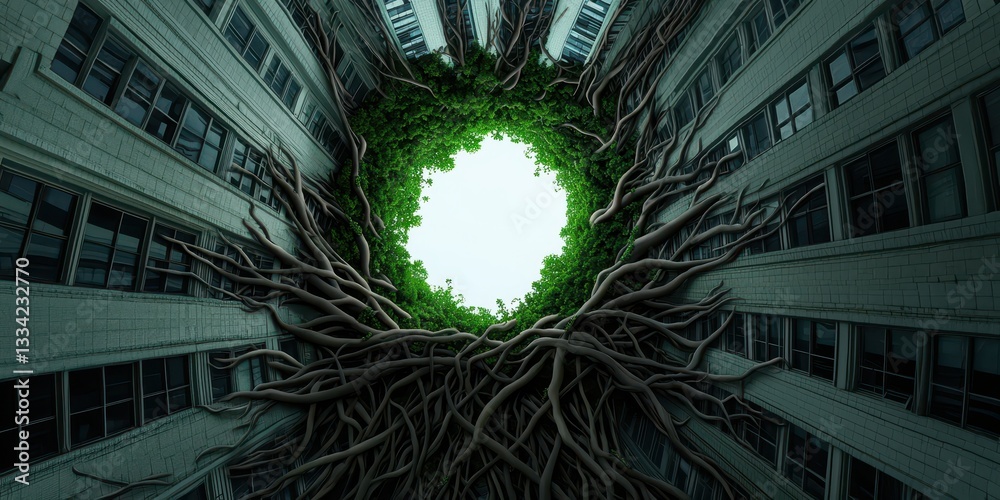 Poster a vibrant green canopy of roots and leaves emerges from a circular opening between tall buildings, c