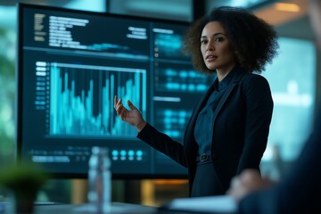 Confident Data Analyst Presenting Digital Dashboard in High-Tech Environment