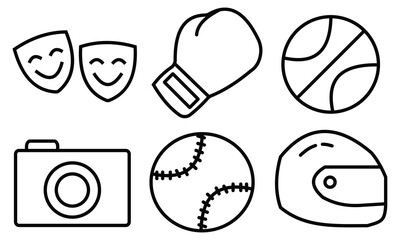 Obraz premium Sports, fashion icon set. Containing football, basketball, boxing gloves, camera, face musk, helmet outline icon set. Sports, fashion accessories icon set. Sports stroke icon. Accessories set.