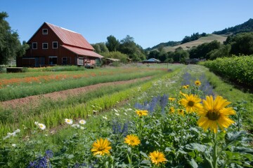 Sunflowers and wildflowers growing in long colorful rows on a sustainable organic farm with a classic red barn in the background on a sunny summer day