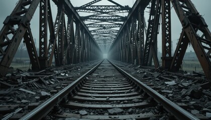 Foggy Abandoned Railway Bridge with Rusty Structure and Tracks
