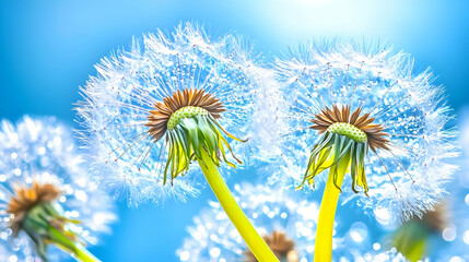 Two dandelion seed heads with dew drops against a bright blue sky