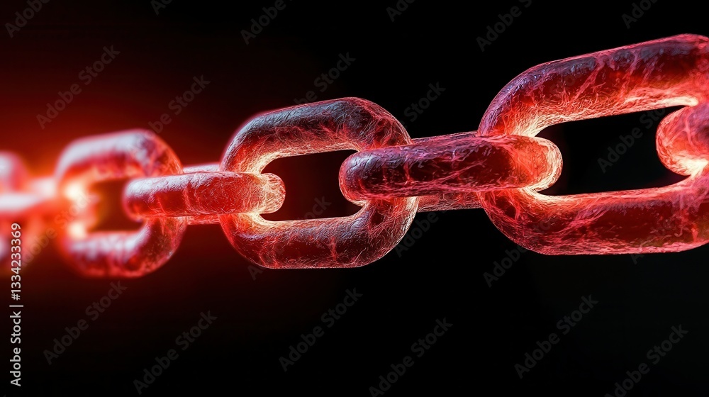 Poster A close-up view of a glowing red chain link against a dark background, highlighting its texture and strength.
