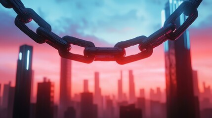 Naklejka premium A futuristic skyline with towering buildings is highlighted by a dramatic sky, featuring a prominent chain in the foreground symbolizing strength or connection.
