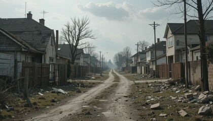Abandoned street in a deserted neighborhood with derelict houses
