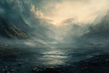 Obraz premium Exploring a Misty Mountain Landscape with Water and Cloudy Sky