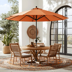 Fototapeta premium Orange patio umbrella shades outdoor dining set on a rug, in a sun-drenched Mediterranean style patio. Ideal for home decor, lifestyle websites