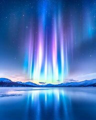 Naklejka premium Vibrant aurora borealis reflected in a frozen lake under a starry sky