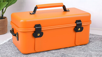 Orange portable storage case on textured mat, near plant.  Ideal for organization, travel, or craft storage