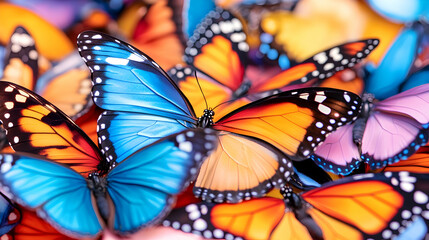 Vibrant butterflies in various colors and patterns clustered together