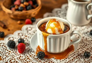 Warm, inviting, rustic, classic, creamy, gooey, toffee, vanilla, berries, wooden, lace, golden, cozy