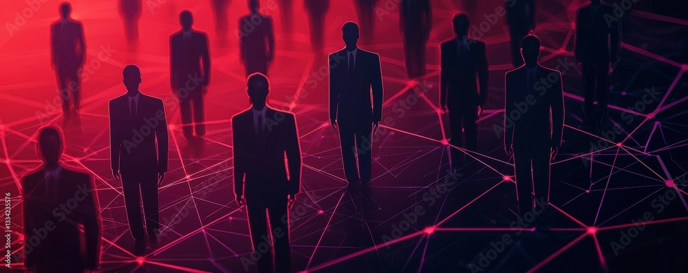 Poster A digital representation of silhouetted figures connected by a network of lines, set against a vibrant red background, suggesting themes of technology and connection.