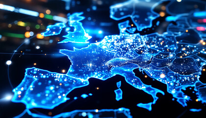 Europe Map Digital Network Connection with Blue Glow Effect for Technology