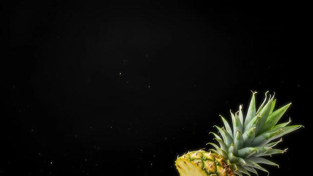 Flying slices of pineapple in slow motion on black background for tropical fruit, healthy dessert and summer refreshment concept with vitamins and juicy flavor