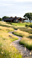 Winding path leads to a secluded, modern log home nestled on a grassy hilltop