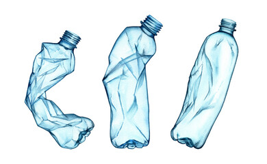 Watercolor crumpled plastic bottles. Stop Plastic waste pollution banner. Drinking bottles composition for ecology posters, environment protection, save the ocean, Earth day banners. Isolated objects