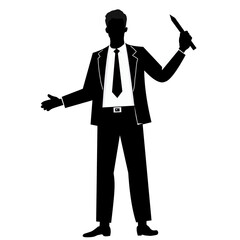 Silhouette of a businessman holding a pen, symbolizing leadership, presentation, or professional communication. Simple black vector illustration, suitable for business concepts, office presentations, 