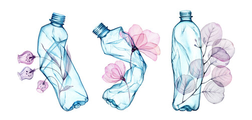 Watercolor Recycle banner. Stop plastic poster with plastic crumpled bottles, leaves, flowers. Transparent pink roses. Reuse drinking bottles floral banner. Isolated elements 