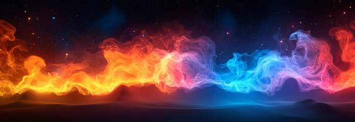 Fototapeta premium Red and blue flames burning in the center of an empty black background, a vibrant purple flame, and colorful smoke swirling in the air. The vivid colors and dynamic movement 