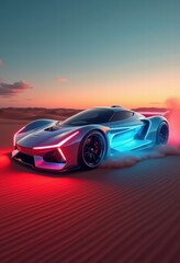 Naklejka premium Futuristic car with vibrant led lights racing through sandy terrain at sunset, showcasing cutting-edge design and speed.