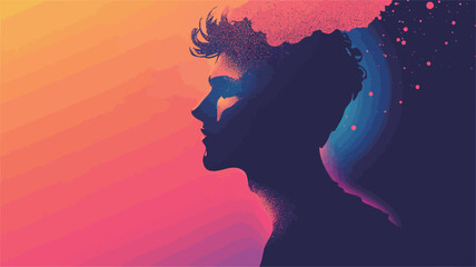 A digital illustration depicting a male profile silhouette against a vibrant gradient background. The silhouette is partially transparent, revealing a colorful, abstract inner landscape within the