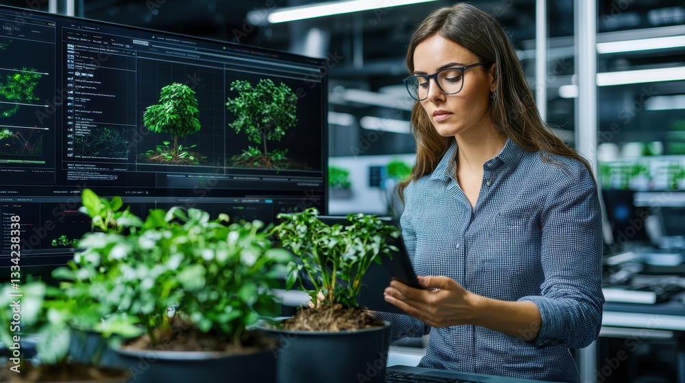 Aufkleber a woman analyzes plant growth data using a tablet in a lab filled with greenery and digital displays