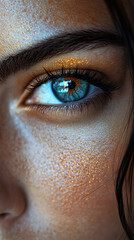 Closeup human eye striking blue golden reflection intricate details textured skin dramatic lighting intense gaze captivating depth soft highlights realistic features delicate contrast wallpaper art