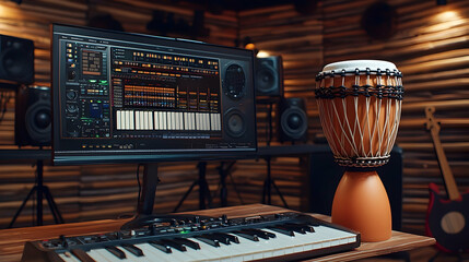 Music studio; recording session; wooden wall; djembe; digital audio workstation;  for music production websites