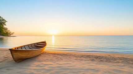 Obraz premium Wooden Boat at Sunset on Serene Beach