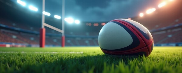 A close-up view of a rugby ball on a lush green field, illuminated by stadium lights, capturing the essence of competitive sports and athleticism.