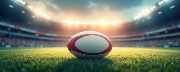 A rugby ball resting on a vibrant green pitch, illuminated by stadium lights under a dramatic sky, capturing the excitement of a live sporting event.