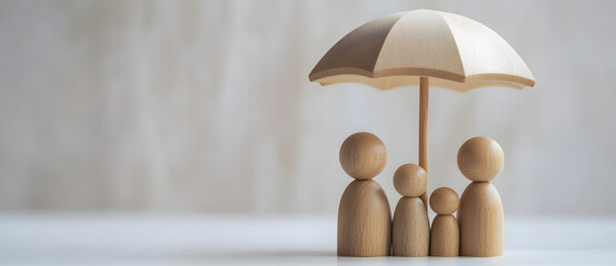 Umbrella shielding wooden dolls, symbolizing family protection, security, and insurance coverage with a safe environment.