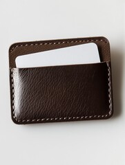Close-up of Brown Leather Card Holder with Blank White Card
