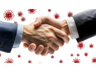 a handshake between two people surrounded by visible representations of viruses. transparent background, cut out, PNG 3D Digital Art.