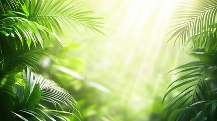 Obraz premium Tropical Jungle Background with Lush Green Leaves and Sunlight Filtering Through Canopy - Exotic Nature and Rainforest Atmosphere