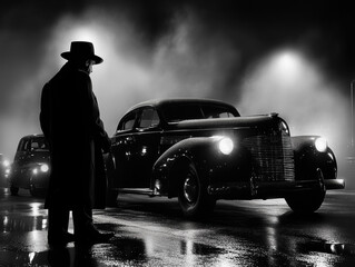 Retro noir movie scene, gangster silhouette standing near the retro car