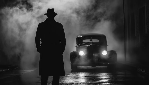 Retro noir movie scene, gangster silhouette standing near the retro car