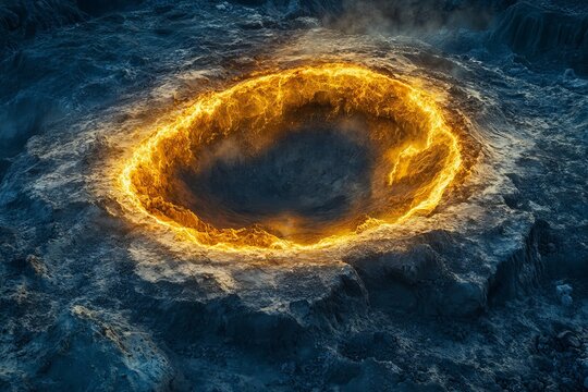 Fiery Crater Burning Inferno Volcanic Landscape Dramatic 3D Render Digital Art Fantasy Golden Fire Ring Hot Lava Deep Abyss Dark Rock Surface Texture  - Powered by Adobe